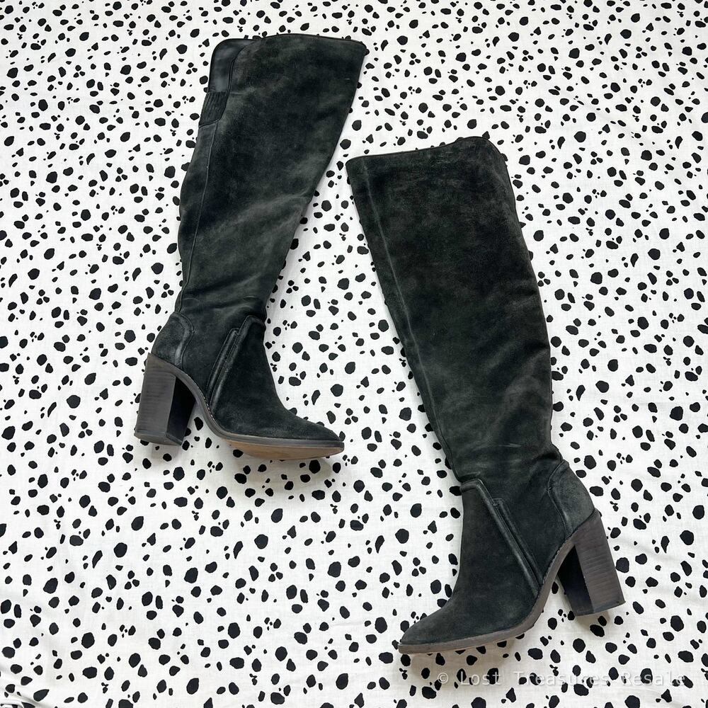 Vince Camuto | Melaya Grey Suede Leather Knee High Block Heel Boots Womens 8.5